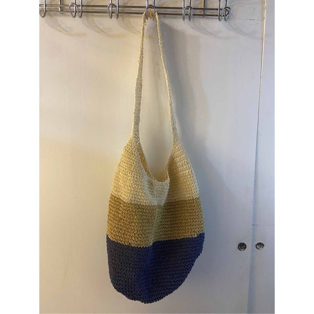 Colorblock blue cream taupe straw beach bag‎
